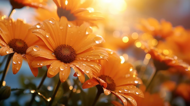 La douce lumière du matin baigne les marguerites orange couvertes de rosée jetant une lueur chaude et éthérée sur