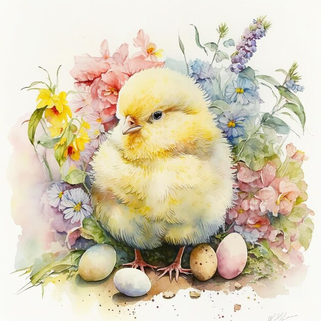 Une douce peinture à l'aquarelle d'un poussin jaune moelleux entouré d'œufs de Pâques colorés et de fleurs de printemps Ai génératif