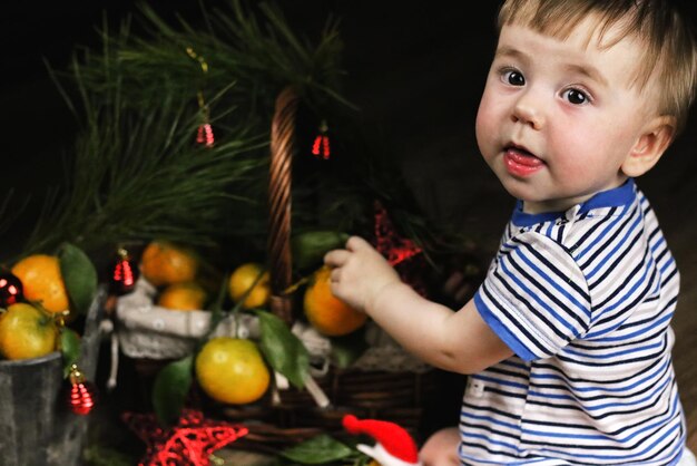 Douce petite fille en robe avec panier de noël