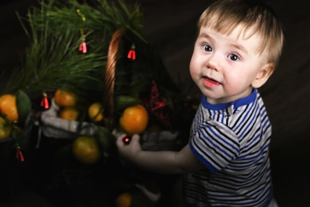 Douce petite fille en robe avec panier de noël