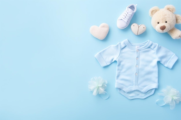 Douche de bébé fond bleu rose pastel avec fleur de ballon cadeau composition plate douche de bébé