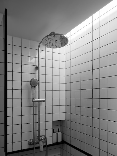 Douche chromée avec douche à effet pluie sur un mur de carreaux de grille noir et blanc à l'intérieur de la boîte d'espace de salle de douche moderne dans le style vertical d'angle de la salle de bain