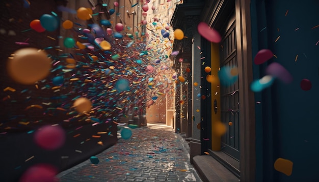 Douche colorée de confettis de rue par Generative AI