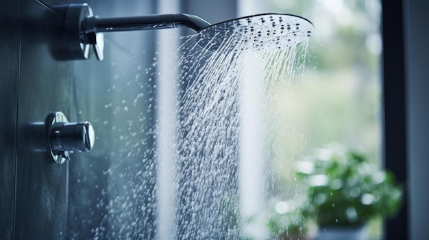 une douche fraîche derrière une fenêtre en verre humide avec des gouttes d'eau éclaboussant de la pomme de douche et du robinet dans une salle de bains moderne