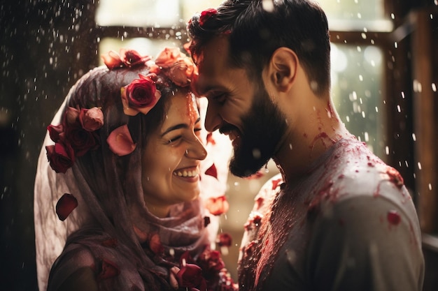 Douche de pétales de rose sur un jeune couple heureux