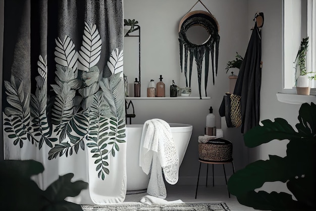 Douche scandinave chic avec rideau de douche boho et fausses plantes créées avec générative ai