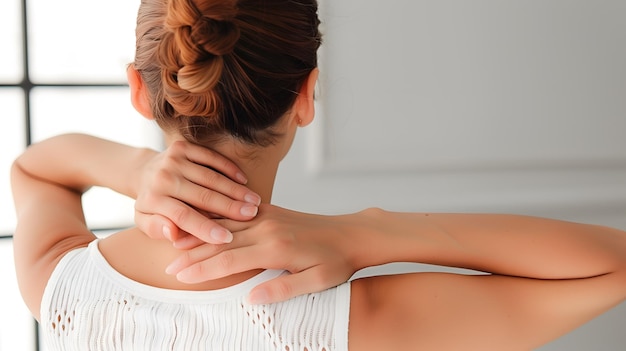 Photo douleur dans le muscle du cou de la femme caucasienne douleur au nez et rigidité nuchal concept