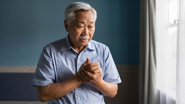 Photo douleur et douleur au poignet grand-père asiatique âgé en uniforme de patient souffre de problèmes de santé du corps