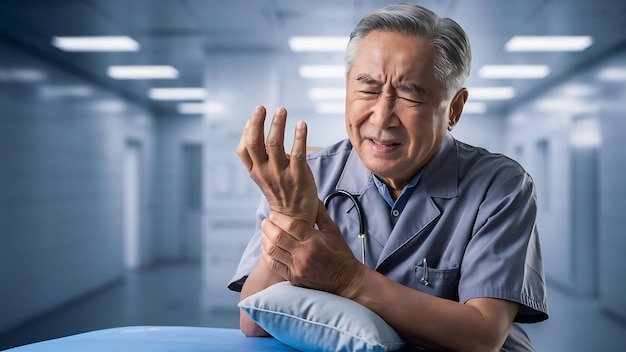 Photo douleur et douleur au poignet grand-père asiatique âgé en uniforme de patient souffre de problèmes de santé du corps