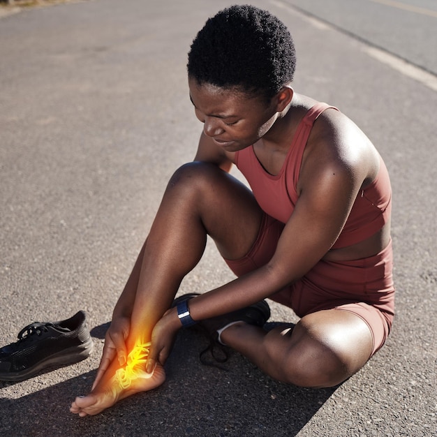 Douleur de remise en forme et femme noire avec une blessure au pied urgence médicale et accident après avoir couru au Nigeria Symptôme d'anatomie et coureur africain avec inflammation musculaire dans les pieds après cardio de rue
