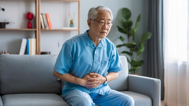 Douleurs et maux d'estomac vieux grand-père asiatique senior en uniforme de patient souffrent de problèmes de santé du corps i