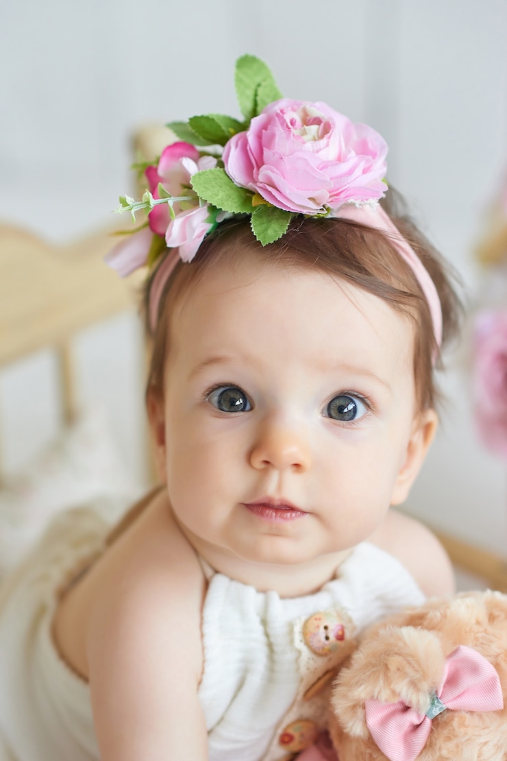 Photo doux bébé drôle avec chapeau à fleurs. eastercute baby girl 6 months wearing flower hat.