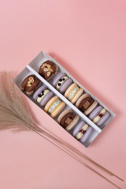 Doux Chocolat Fromage Lavande Oreo Macarons Macarons sur Fond Rose