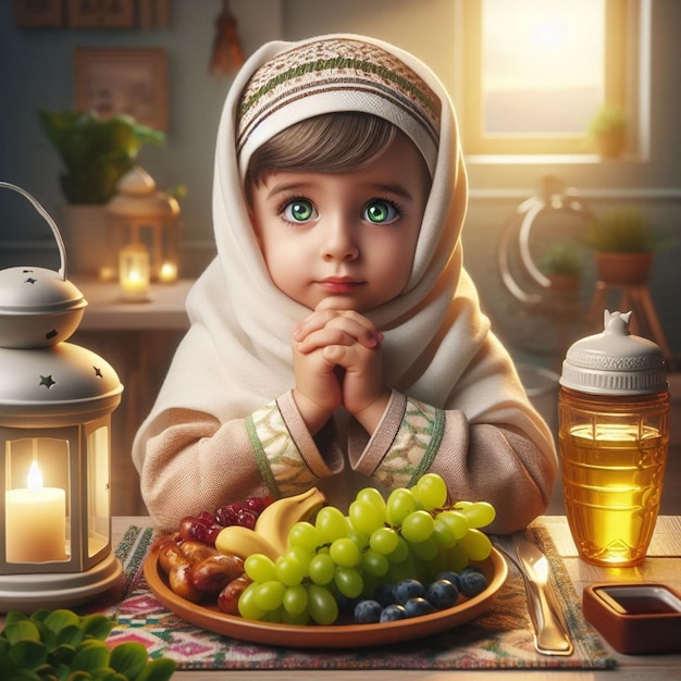 doux coucher de soleil des scènes d'iftar adorables mettant en vedette un enfant musulman délicieux et heureux