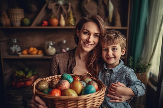 Un doux portrait de famille d'une mère heureuse et d'un petit fils tenant un panier de osier plein d'œufs de Pâques colorés Accroche doucement et sourire dans la cuisine confortable de la maison Focus sélectif