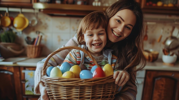 Doux portrait de famille d'une mère heureuse et d'un petit fils tenant un panier en osier plein d'œufs de Pâques multicolores peints, s'embrassant tendrement et souriant dans une cuisine lumineuse confortable à la maison.