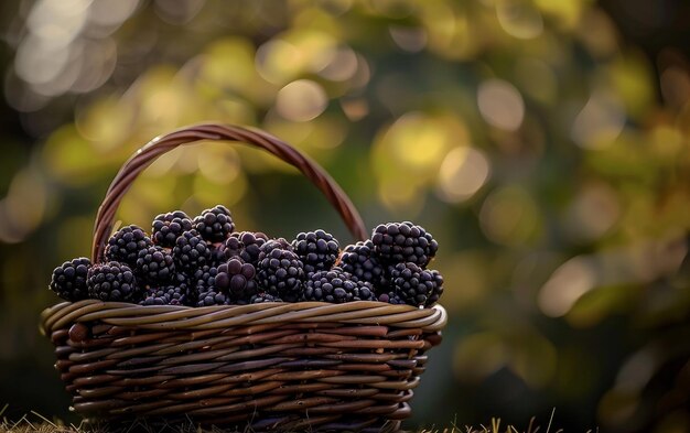 Le doux soleil du soir baigne un panier tissé de mûres dans une brume dorée mettant en évidence leur maturité juteuse sur un fond de nature floue