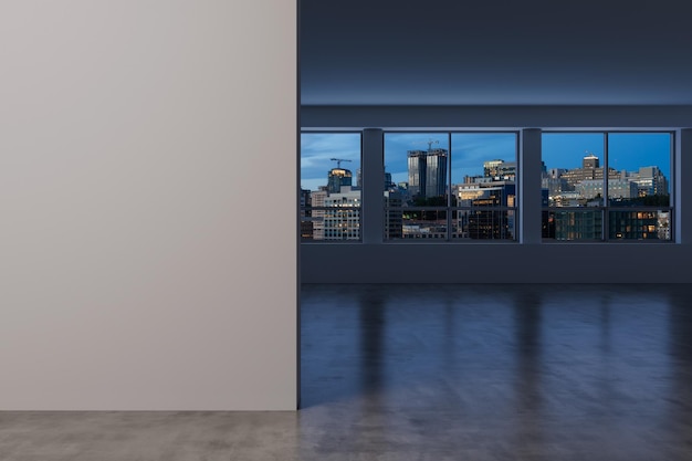 Downtown Seattle City Skyline Buildings from High Rise Window Beautiful Cher Immobilier donnant sur Empty room Interior Mockup wall Gratte-ciels Cityscape Night USA rendu 3d