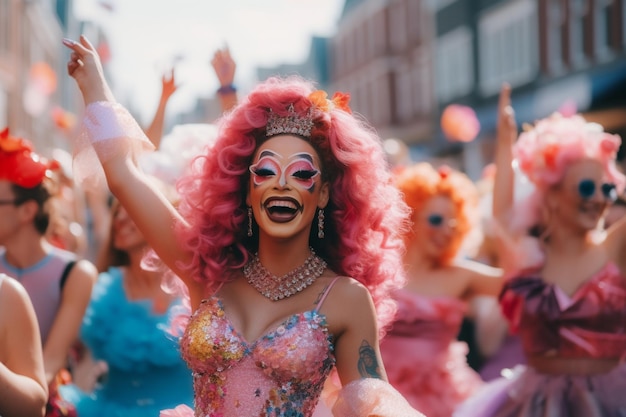 Une drag queen dans une perruque rose et une perruque rose sourit dans une foule.