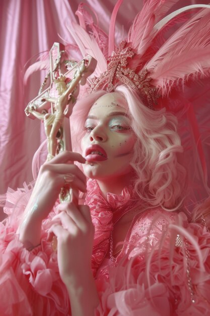 Photo drag queen habillée comme jésus tenant une croix couleurs roses