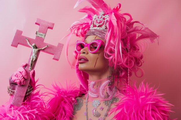 Drag queen habillée comme Jésus tenant une croix couleurs roses