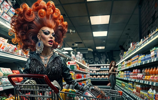 Une drag queen en train de faire ses courses.