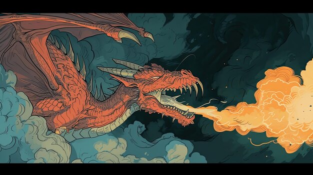 Le dragon abstraction griffon fantaisie ailes de feu flamme de serpent conte de fées tête de princesse serpent lézard écailles mythe de chevalier or château mouches généré par AI