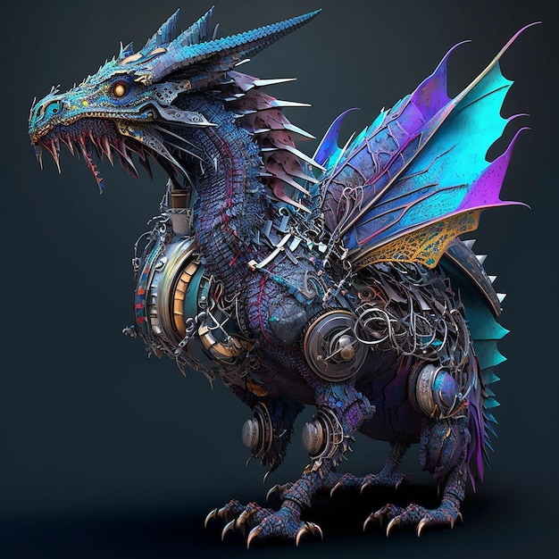 Un dragon avec des ailes bleues et violettes et une queue bleue.