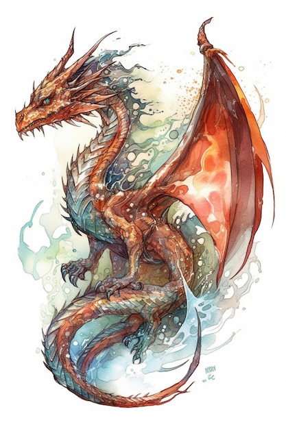 Un dragon avec des ailes rouges et oranges et une queue bleue.