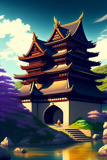 un dragon apportant un château au Japon rural dans le style anime