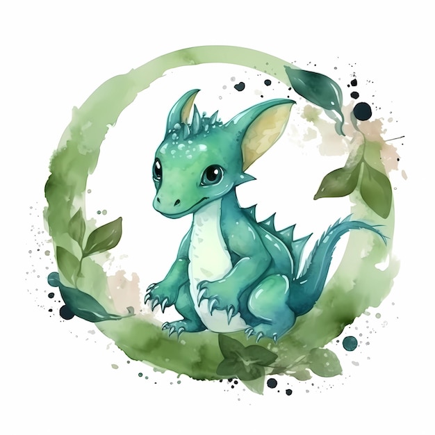 Dragon aquarelle mignon en vert Symbole de l'année 2024 Personnage de dessin animé Illustration
