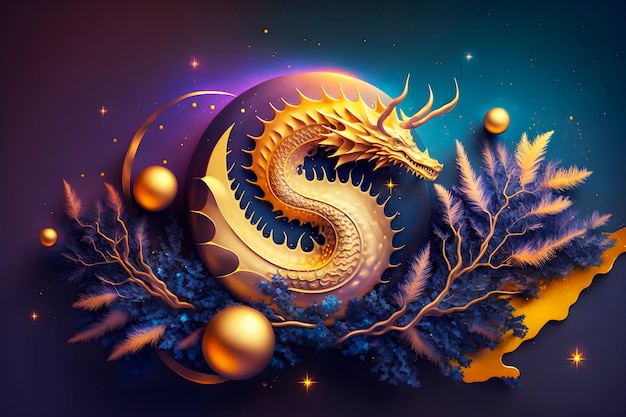 Dragon asiatique avec des branches de sapin et des boules de nouvel an en or sur fond violet