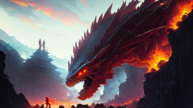 Un dragon attaquant une montagne avec des flammes en arrière-plan