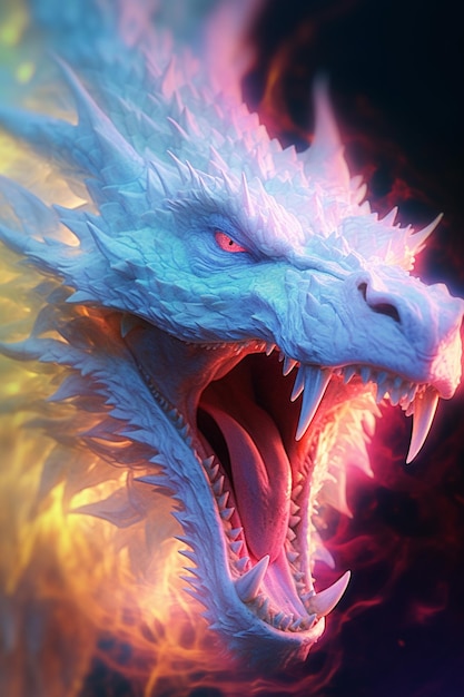 Un dragon au visage bleu et aux yeux rouges est entouré de flammes.