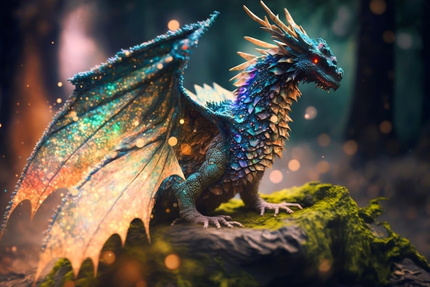 Un dragon aux ailes bleues est assis sur un rocher moussu.