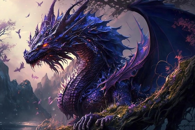 Un dragon aux ailes violettes et à la tête bleue.