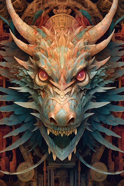 Un dragon aux yeux bleus et aux yeux bleus est montré dans cette illustration.