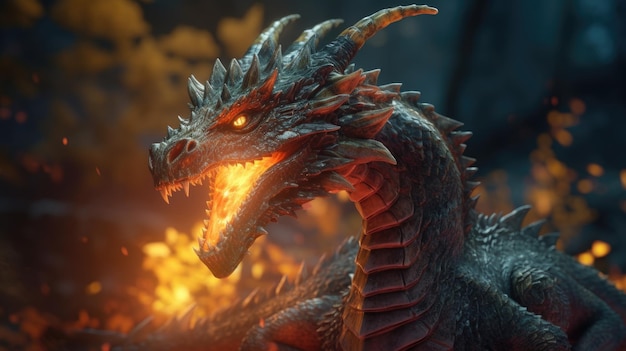 Un dragon aux yeux brillants est entouré de flammes.