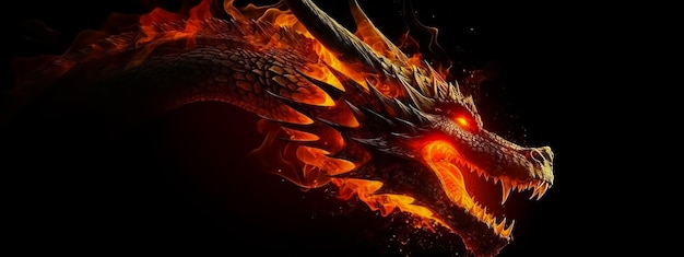 Un dragon aux yeux orange est sur fond noir