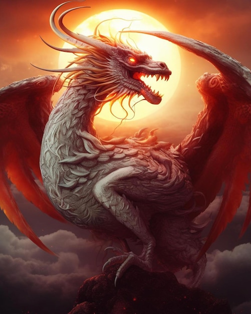 Un dragon aux yeux rouges et au nez rouge est sur un rocher avec le soleil derrière lui.