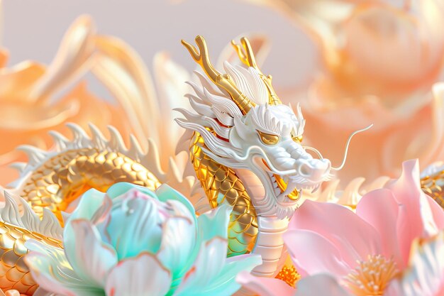 Un dragon blanc avec des accents dorés est assis sur un lit de fleurs roses