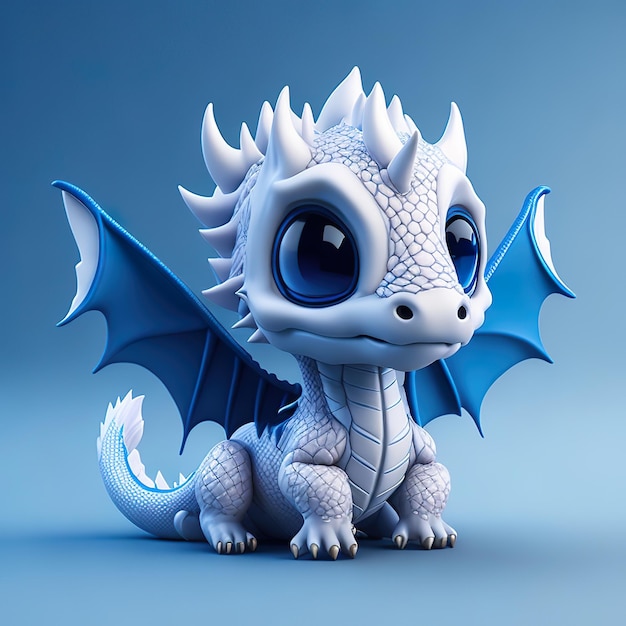 Un dragon blanc aux yeux bleus et aux ailes bleues est assis sur un fond bleu.