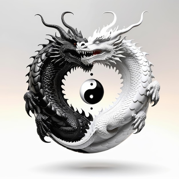 Le dragon blanc et le dragon noir sont assis sur la balle Yin Yang.