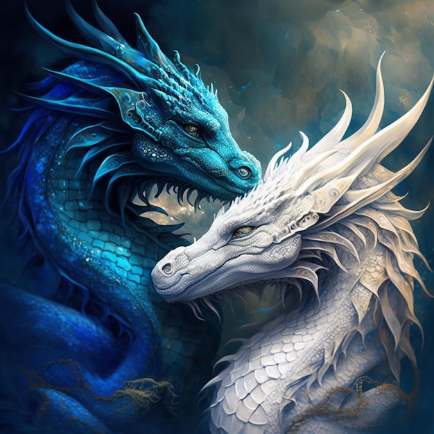 Un dragon bleu avec des ailes blanches et un dragon blanc sur le devant.