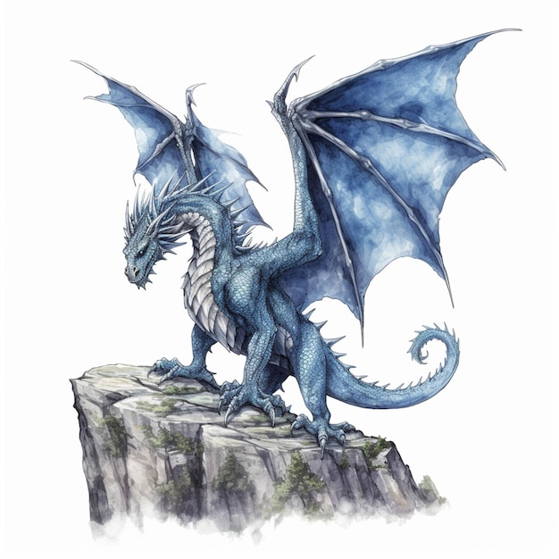 Dragon bleu arafé sur un rocher avec un fond de ciel ai génératif