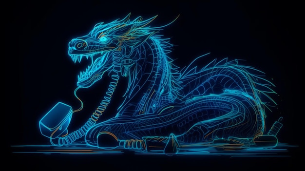 Un dragon bleu avec un arrière-plan noir IA générative