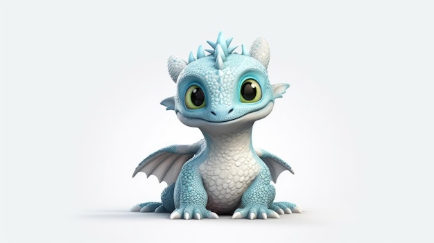 Un dragon bleu aux yeux verts est assis sur un fond blanc.