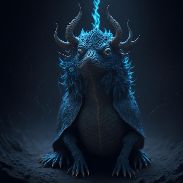 Un dragon bleu avec des cornes est assis sur un rocher.