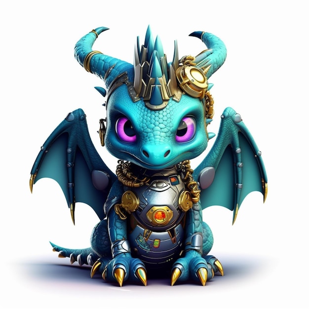 Dragon bleu de dessin animé avec un équipement steampunky et un casque d'or générative ai