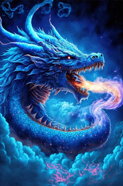 Dragon bleu avec du feu sortant de sa bouche ai générative